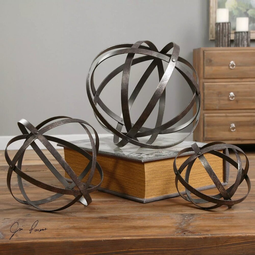 NWOT -Set of 3, decorative Uttermost Stetson Spheres in dark, aged bronze finish